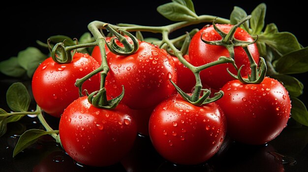 tomates rojos frescos maduros sobre un fondo negro