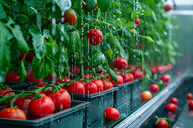 Tomates rojos frescos que crecen en la vid en invernadero con sistema de riego rociado con agua