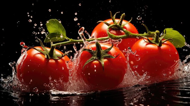 Tomates rojos frescos salpicados de agua sobre fondo negro y borroso