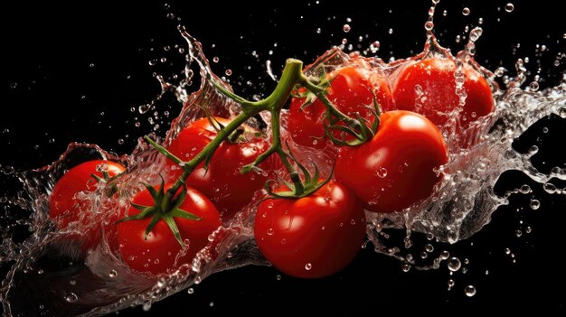 Tomates rojos frescos salpicados de agua sobre fondo negro y borroso