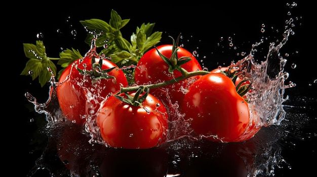 Tomates rojos frescos salpicados de agua sobre fondo negro y borroso