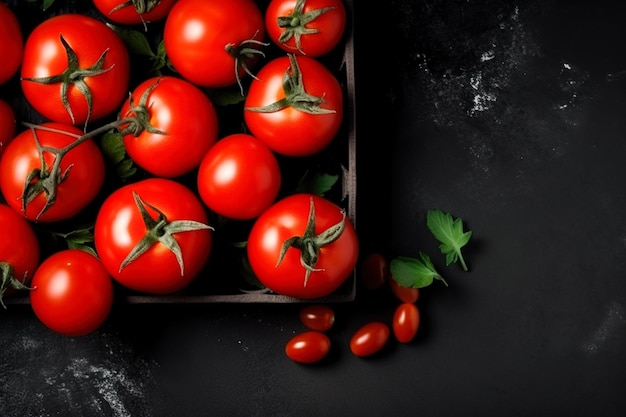 Tomates rojos frescos y saludables tirados en una caja sobre un fondo negro con espacio para copiar