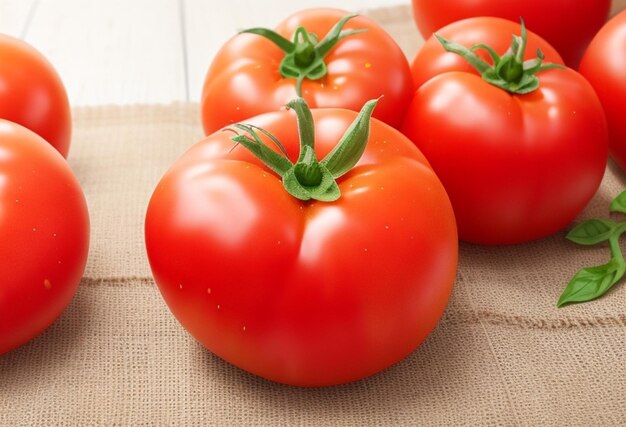 Tomates rojos frescos sobre una mesa de madera sobre fondo bokeh