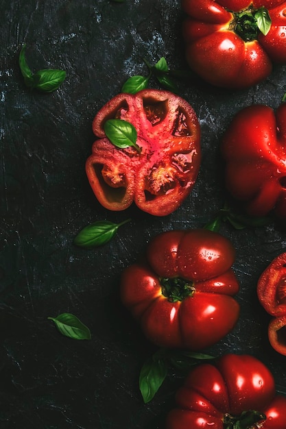 Tomates rojos con hojas de albahaca verde en el fondo de la mesa de la cocina negra vista superior de la ensalada de cocina de la cosecha de verano