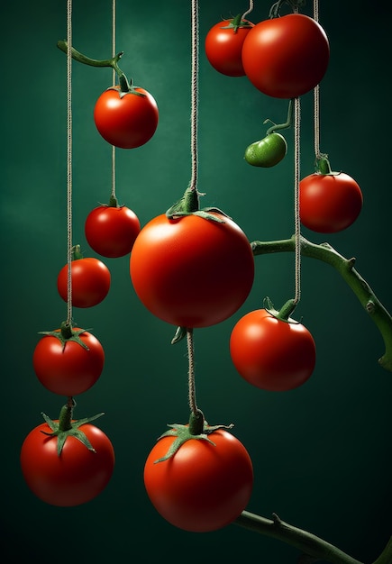 Tomates rojos maduros colgando de las cuerdas Verduras orgánicas saludables en un fondo azul marino IA generativa