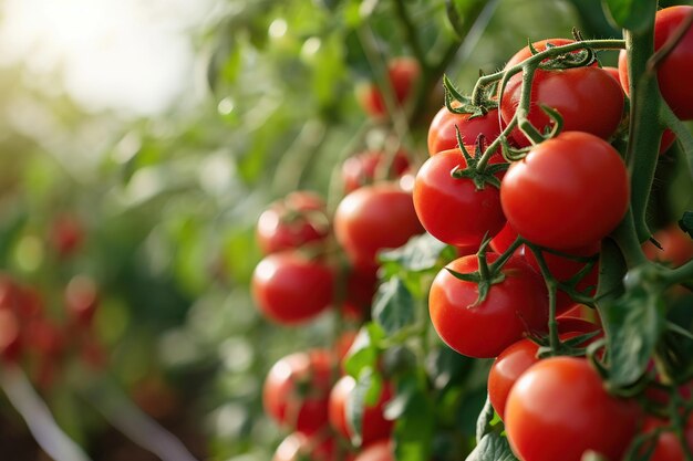 Tomates rojos maduros colgando de la vid de un árbol de tomate en el jardín