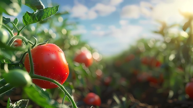 Tomates rojos maduros creciendo en un campo en un día soleado Ilustraciones generativas de IA