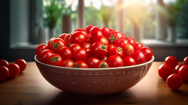 Los tomates rojos maduros se encuentran en un cuenco IA generativa