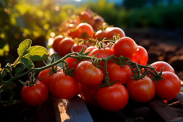 tomates rojos maduros en la vid en el jardín