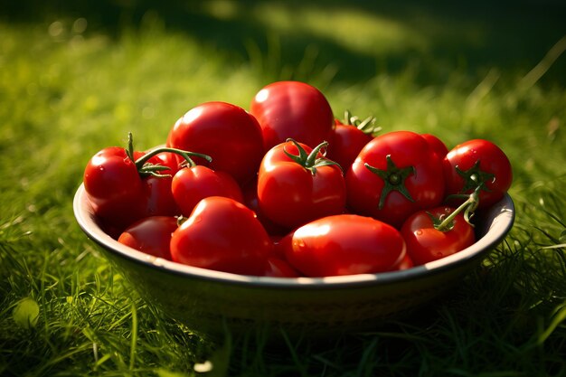 Tomates rojos y pimientos frescos de la cosecha de verano en un tazón