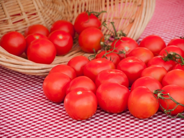 Tomates rojos a la venta en un mercado de agricultores.