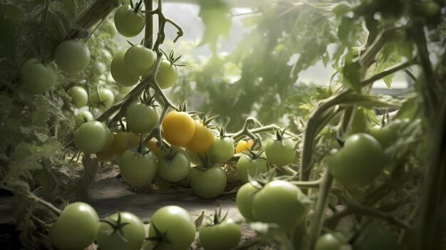 Tomates rojos y verdes en una rama IA generativa