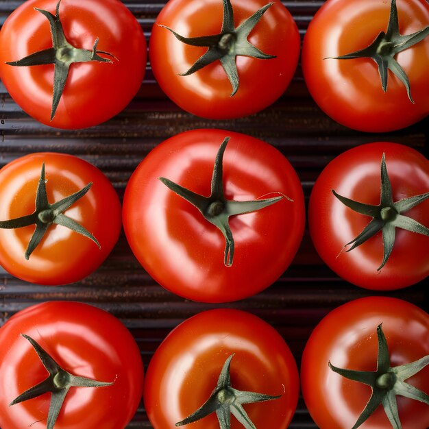 Tomates rojos vívidos dispuestos artísticamente en publicidad profesional para las redes sociales