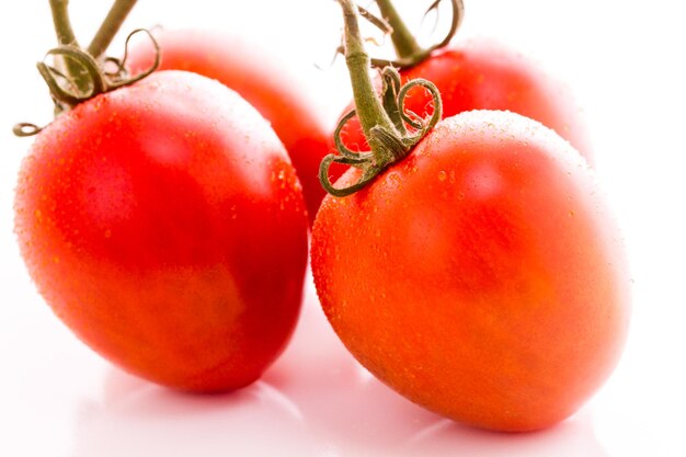 Tomates Roma orgánicos sobre fondo blanco.