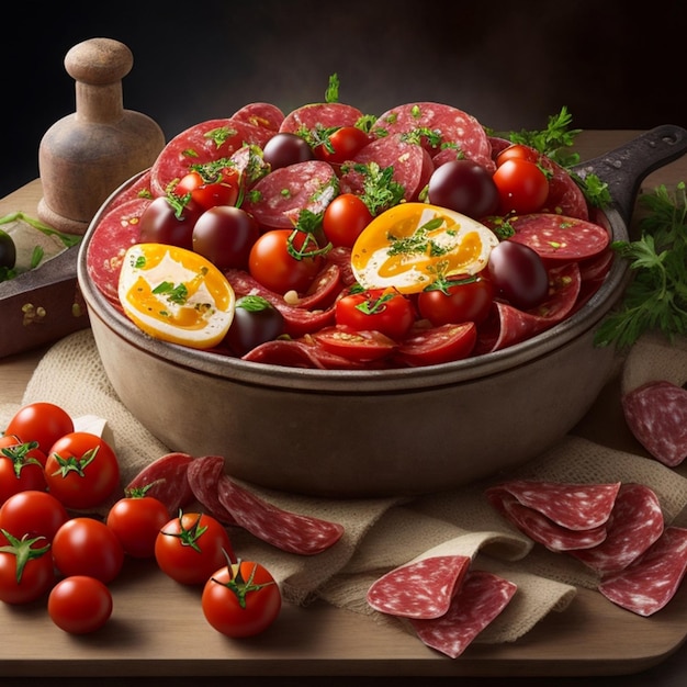 Tomates, salame e azeitonas numa mesa.