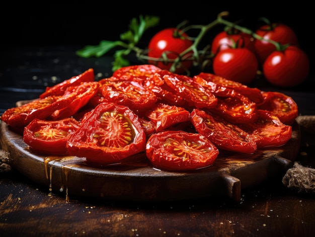 Tomates secos en pila Tomate secado al sol Pomodoro deshidratado Tomate curado Vegetales secos En rodajas Tomate de ciruela seco Snack italiano Ilustración de IA generativa