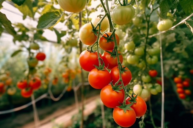 Tomates sendo cultivados em uma estufa IA generativa