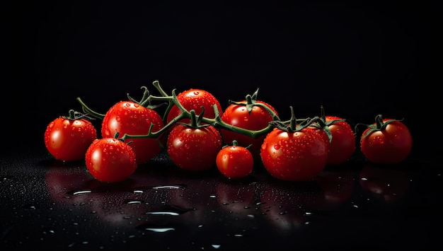 Tomates sobre fondo negro con gota de agua en la parte superior