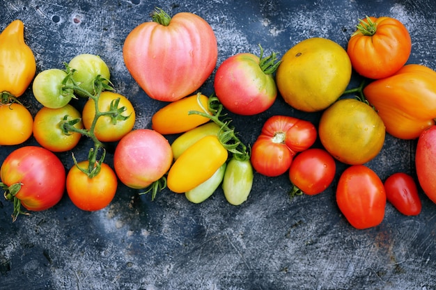 Tomates sobre un fondo oscuro, vista superior