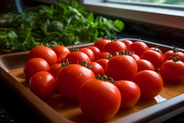 Tomates sobre tabla de cortar de madera con gotas de agua