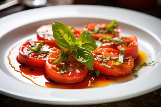 Foto tomates suculentos combinados com manjericão aromático