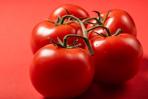 Tomates suculentos em uma superfície vermelha brilhante