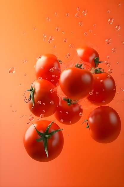 Tomates suculentos maduros com salpicos de gotas de água ou suco em um fundo vermelho Generative AI 1