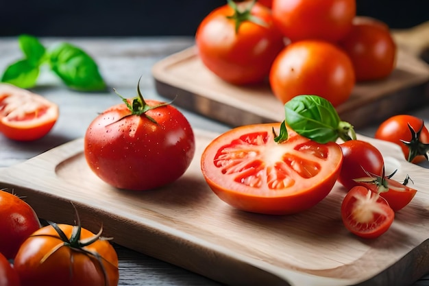 Tomates en una tabla de cortar con hojas verdes