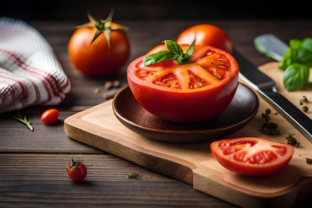 Foto tomates en una tabla de cortar