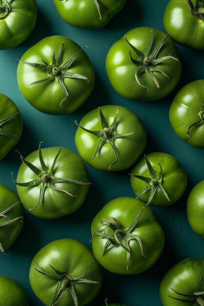 Foto tomates verdes frescos en un fondo azul vibrante vista superior foto plana de verduras orgánicas de verano en colores vívidos