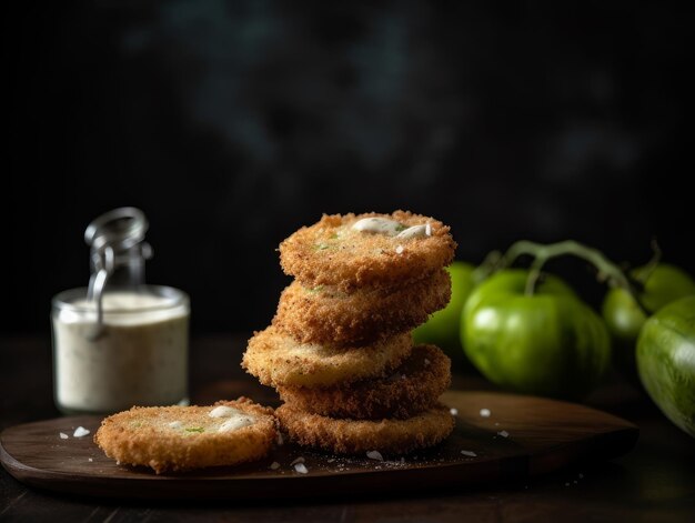 tomates verdes fritos con un exterior empanizado crujiente servido con una guarnición de aderezo ranch