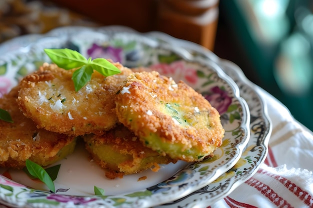 Los tomates verdes fritos del sur en platos vintage