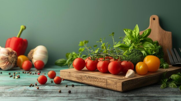 Tomates y verduras de colores en la tabla de cortar