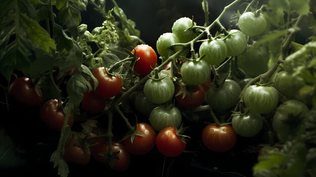 Tomates vermelhos e verdes em um galho IA generativa