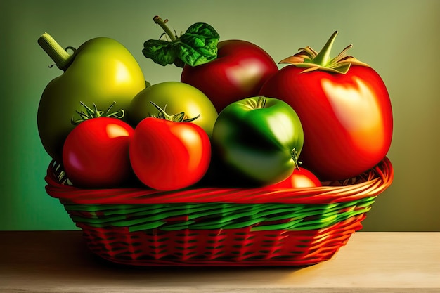 Tomates vermelhos e verdes na cesta