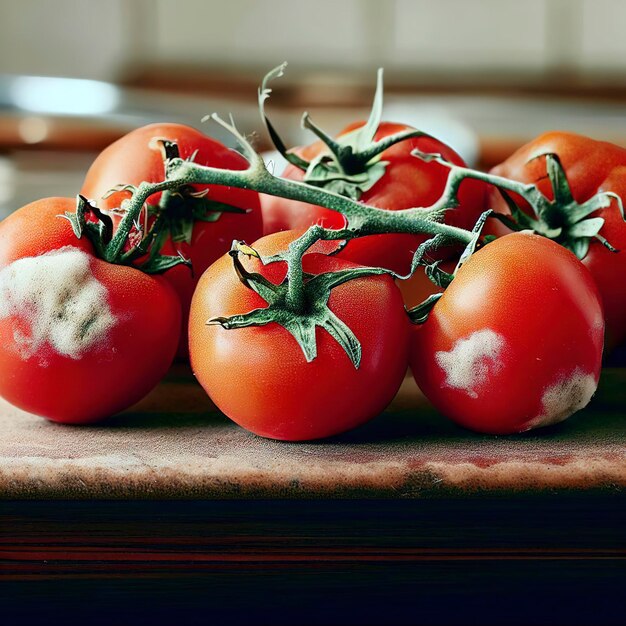 Tomates vermelhos em um galho com mofo e fungo na mesa da cozinha Legumes estragados impróprios para alimentação