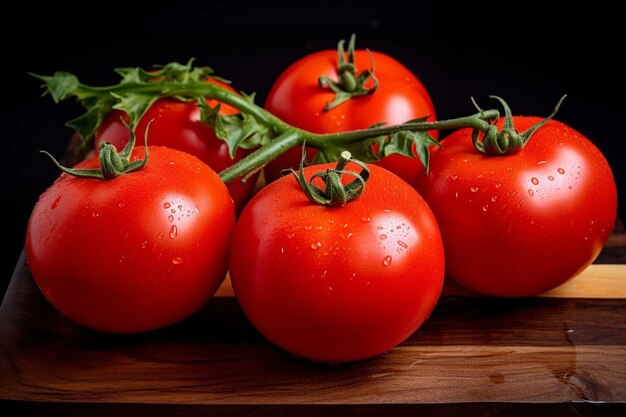 Foto tomates vermelhos em um prato branco em uma toalha marcada com pimentas e alho