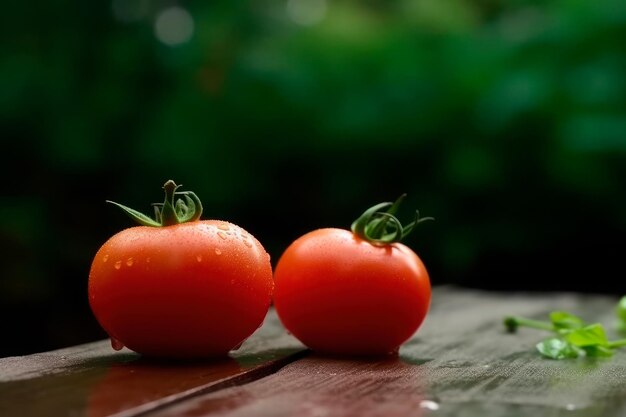 Tomates vermelhos em uma mesa na horta orgânica Generative AI