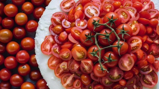 Tomates vermelhos frescos à esquerda da borda do quadro tomates espalhados em superfície branca