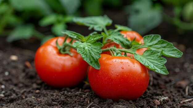 Tomates vermelhos maduros aninhados no solo do jardim prontos para a colheita