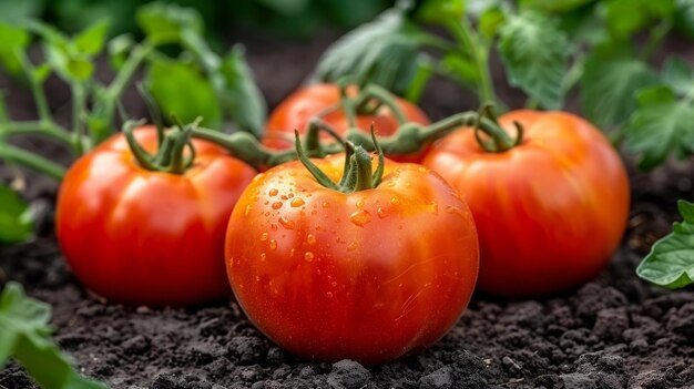 Tomates vermelhos maduros aninhados no solo do jardim prontos para a colheita