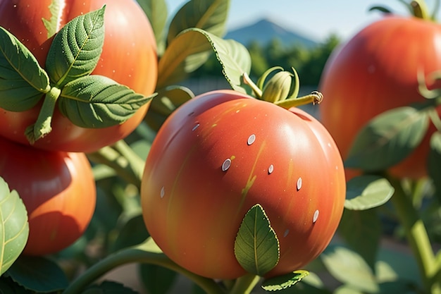 Tomates vermelhos maduros são pessoas que adoram comer frutas vegetais deliciosas, produtos agrícolas orgânicos, verdes e seguros