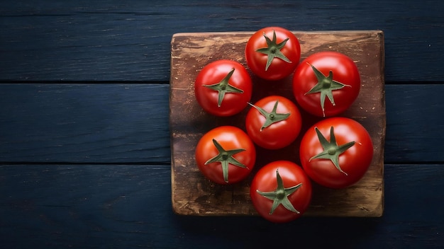 Tomates vermelhos na placa de madeira na mesa escura