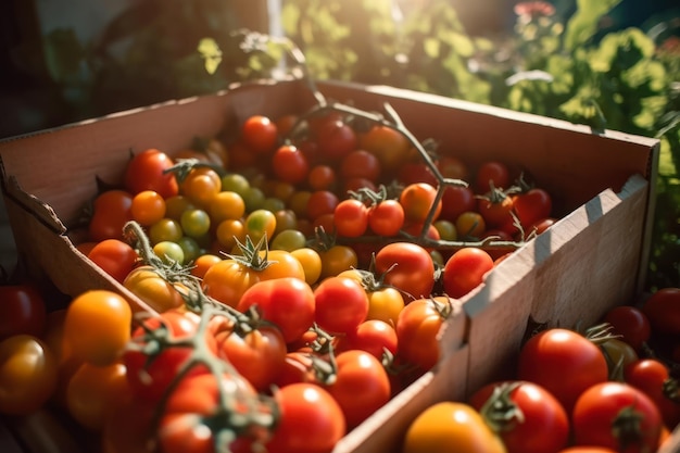 Tomates vermelhos orgânicos em caixas generativas ai