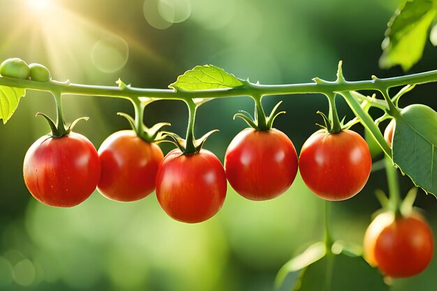 Tomates en una vid con hojas verdes