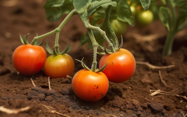 Tomates en la vid en el suelo