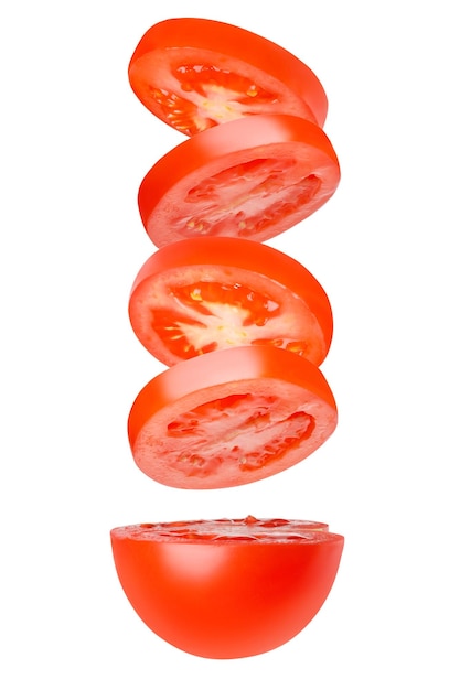 Tomates voadores cortados em círculos Tomates tomates cortados tomates frescos Isolados verticalmente Parte do tomate por baixo