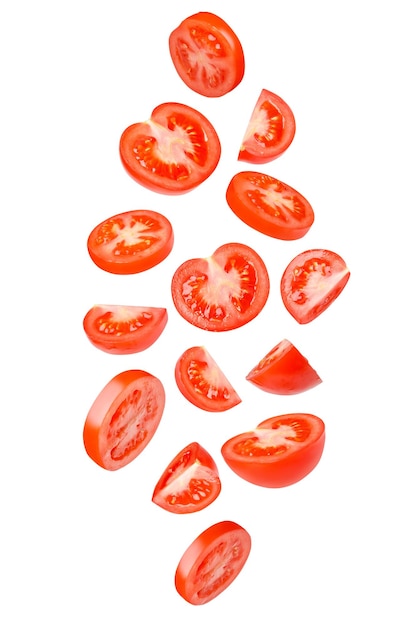 Foto tomates voadores cortados em formas diferentes tomates tomates cortados tomates frescos isolados