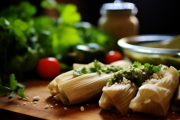 Foto tomatillo picante y tamales de cerdo