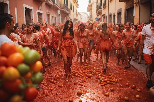 Foto la tomatinafestival del tomatecelebración feliz hombremujer lanzan verduras españa fiesta tradicional